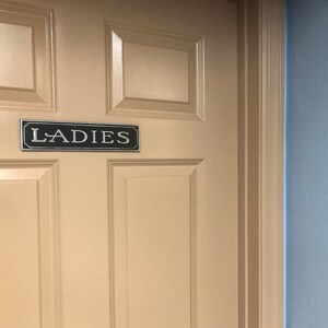 May include: A tan door with a black sign that reads "LADIES" on it. The door is next to a light blue wall.