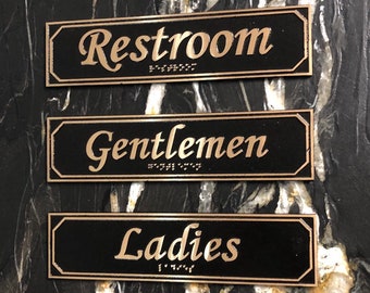 Brass Ladies, Gentlemen, Restroom Signs with Braille, Set of Three: (9 5/8" X 2 3/8")