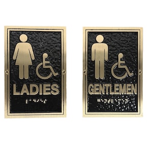 Brass Ladies and Gentlemen Restroom Sign Set: ADA Compliant Modern Braille Door/Wall Signs, (6" x 9")