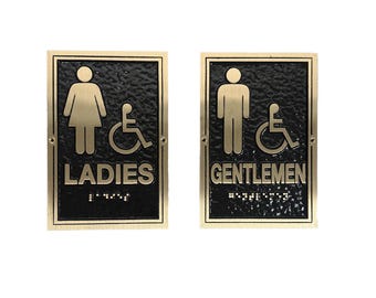 Brass Ladies and Gentlemen Restroom Sign Set: ADA Compliant Modern Braille Door/Wall Signs, (6" x 9")