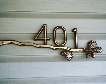 Brass Oak Branch House Number Sign: Modern Style, Horizontal Address Plaque, (20" X 8")