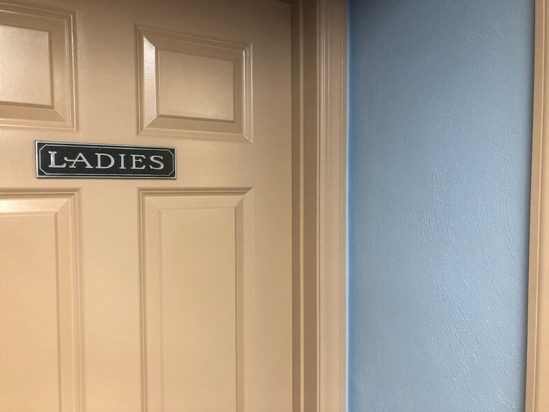 May include: A tan door with a black sign that reads "LADIES" on it. The door is next to a light blue wall.