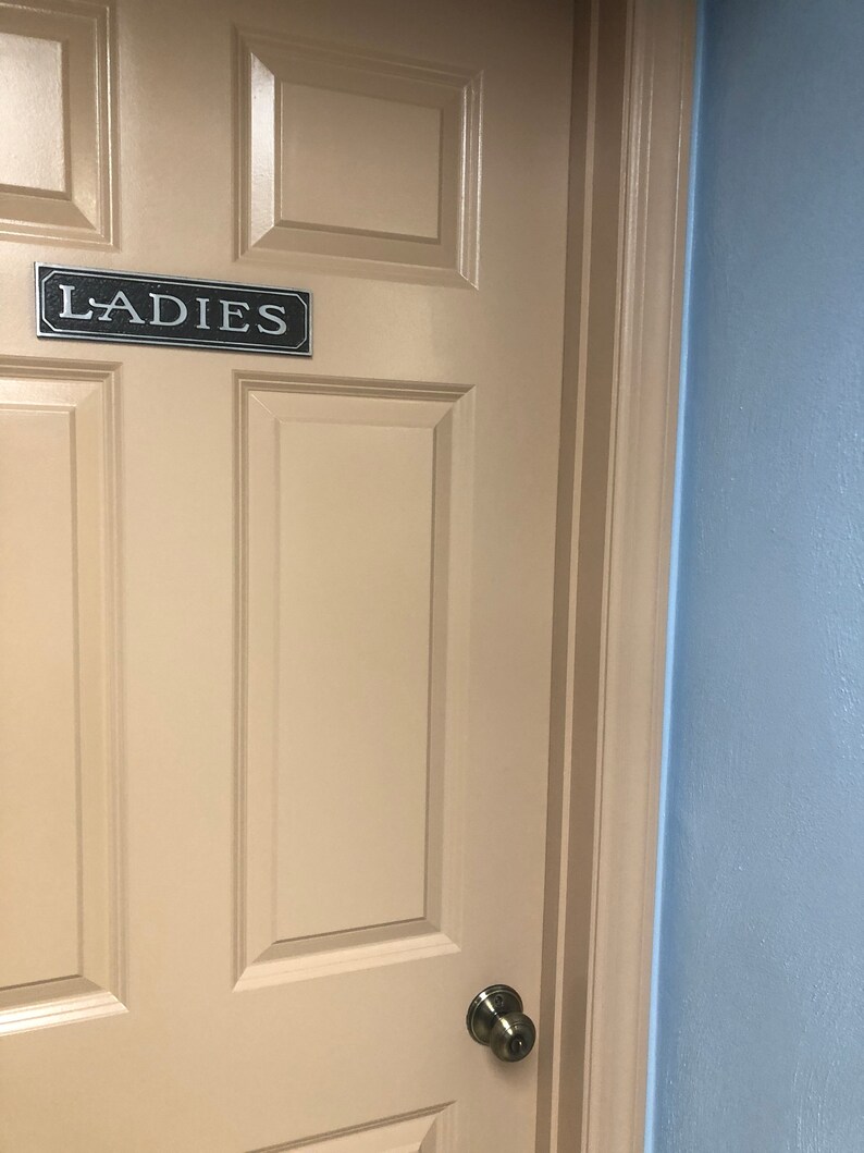 May include: A white door with a black sign that says "LADIES" on it. The door has a silver door knob and is framed by a brown trim. The wall next to the door is light blue.