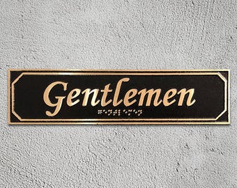 Gentlemen:  Urban-Chic Series, Brass Bathroom Door Sign with Braille, 9 5/8" X  3/16" X 2 3/8"