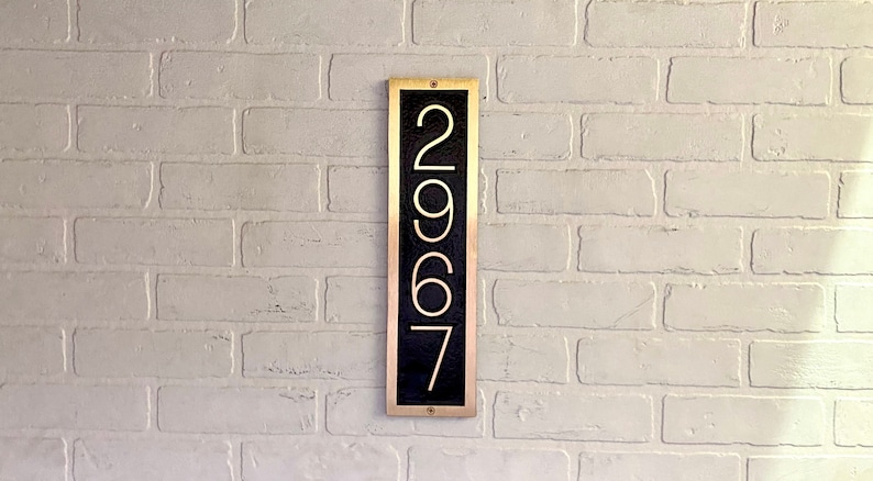 Custom House Number Sign: Solid Brass, Vertical, 4 1/4" x 16", Rectangle Address Plaque