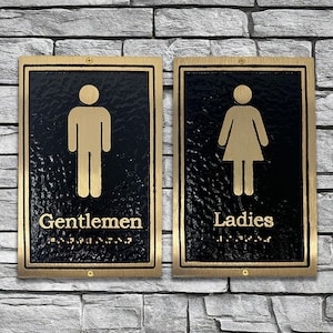 Brass Ladies and Gentlemen Restroom Sign Set: Contemporary Braille Door/Wall Signs, (6" x 9")