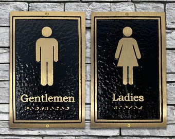 Brass Ladies and Gentlemen Restroom Sign Set: Contemporary Braille Door/Wall Signs, (6" x 9")