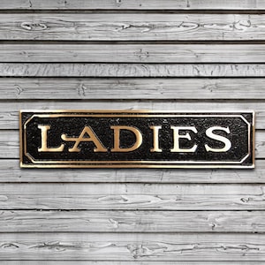 Antiqued Brass Ladies Restroom Sign - Rustic Farmhouse Style, (9 5/8" X 3/16" X 2 3/8")