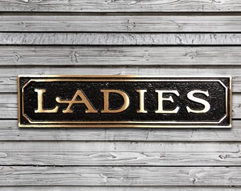 Antiqued Brass Ladies Restroom Sign - Rustic Farmhouse Style, (9 5/8" X 3/16" X 2 3/8")