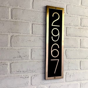 Custom House Number Sign: Solid Brass, Vertical, 4 1/4" x 16", Rectangle Address Plaque. Brass reveal with black background.