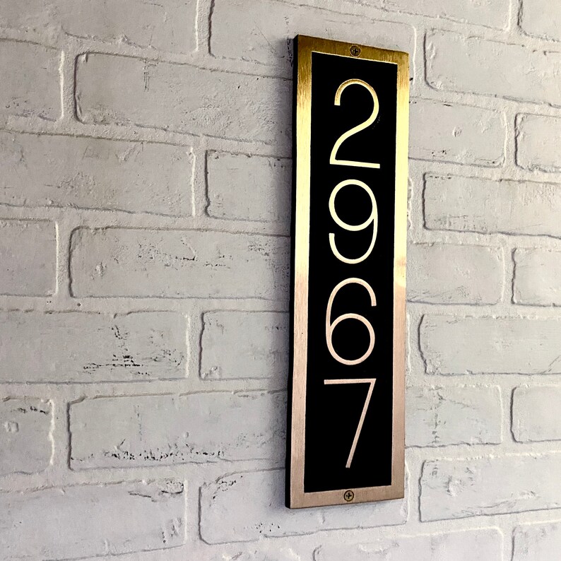 Custom House Number Sign: Solid Brass, Vertical, 4 1/4" x 16", Rectangle Address Plaque. Brass reveal with black background.