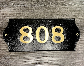Custom House Numbers: Contemporary Horizontal Brass Plaque with Bold Font, House Number Sign