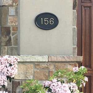 May include: A black oval house number sign with gold lettering, displaying the number 156, is mounted on a light beige wall. The sign is surrounded by stonework and greenery.