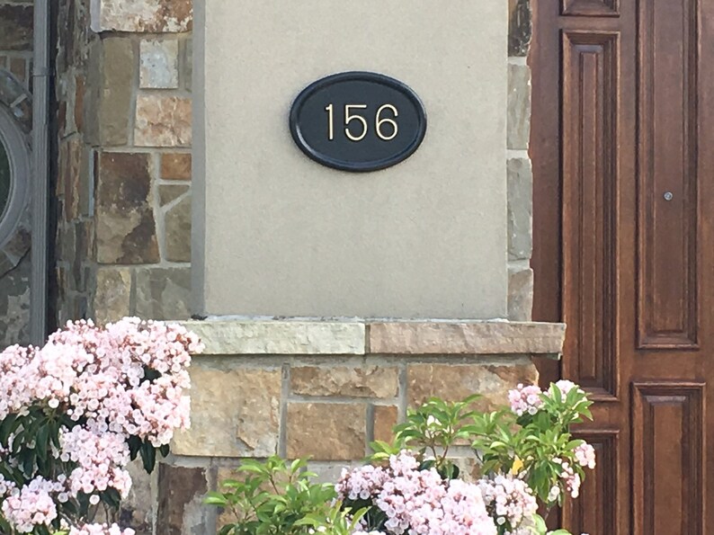 May include: A black oval house number sign with gold lettering, displaying the number 156, is mounted on a light beige wall. The sign is surrounded by stonework and greenery.
