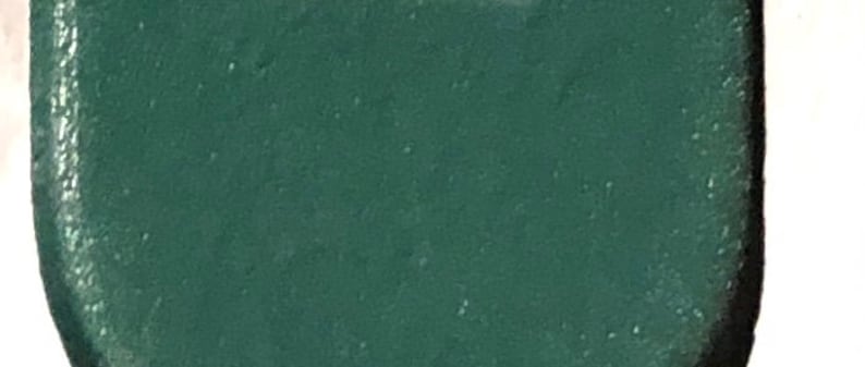 May include: A dark green, oval-shaped, metal canteen.