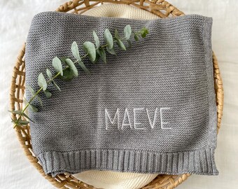 Personalised Baby Blanket | Cotton Knit | Embroidered | Baby Gift | Newborn Baby | Grey