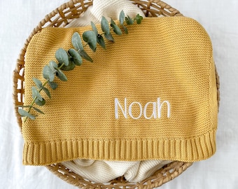Personalised Baby Blanket | Cotton Knit | Embroidered | Baby Gift | Newborn Baby | Mustard