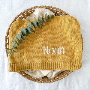 Personalised Baby Blanket | Cotton Knit | Embroidered | Baby Gift | Newborn Baby | Mustard
