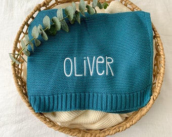 Personalised Baby Blanket | Cotton Knit | Embroidered | Baby Gift | Newborn Baby | Teal