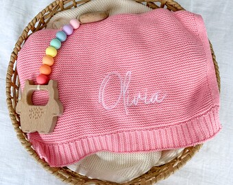 Personalised Baby Blanket | Cotton Knit | Embroidered | Baby Gift | Newborn Baby | Pink