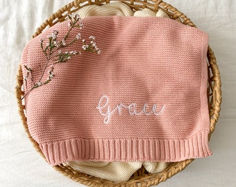 Personalised Baby Blanket | Cotton Knit | Embroidered | Baby Gift | Newborn Baby | Dusty Rose