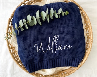 Personalised Baby Blanket | Cotton Knit | Embroidered | Baby Gift | Newborn Baby | Navy