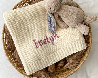 Personalised Baby Blanket | Cotton Knit | Embroidered | Baby Gift | Newborn Baby | Cream