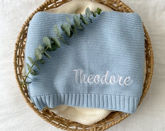 Personalised Baby Blanket | Cotton Knit | Embroidered | Baby Gift | Newborn Baby | Sky Blue