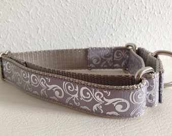 Anti-escape Martingale Dog Collar, Royal Swirl Gray/Silver Martingale Dog Collar, Medium Adjustable Dog Collar, Handcrafted in USA