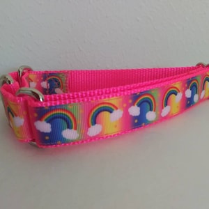 May include: A pink dog collar with a rainbow and cloud pattern. The collar is made of nylon and has silver metal hardware.