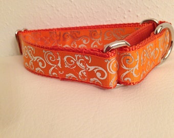 Anti-Escape Martingale Dog Collar, Royal Swirl Orange Martingale Dog Collar, Adjustable Dog Collar and Matching Leash, Handcrafted in USA