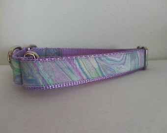 May include: Purple dog collar with a marbled pattern in shades of green, blue, and white. The collar has two silver D-rings.