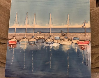 Large Art Ceramic Tile By Lisa Lyman, Fiesta Studios Ltd. c1990s - Boats In Quay. Excellent Condition.