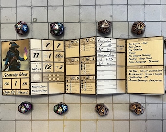 May include: A character sheet for a tabletop role-playing game, featuring a wizard character named Scawshe lalaw. The sheet includes stats, abilities, and racial traits. The character is a High Elf Wizard with a level of 1. The sheet is surrounded by various dice, including a d20, d12, d10, and d6.