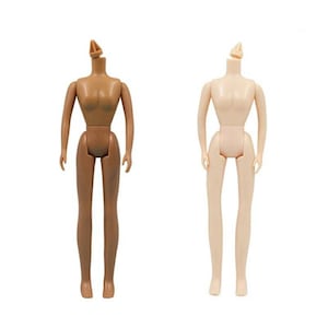 May include: Two headless doll bodies, one brown and one beige, with articulated arms and legs.