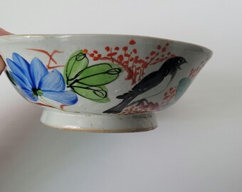 Cuenco de sopa oriental chino antiguo vintage hecho a mano de cerámica pintada a mano