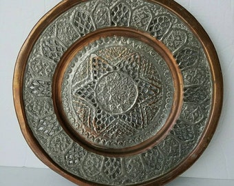 Antique Moroccan Middle Eastern Handcrafted Silver-Tone Metal and Copper Round Serving Tea Coffee Tray
