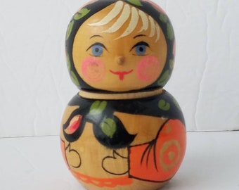 Vintage 1 Piece Hand Painted Russian Wood Doll w/Original Sticker