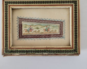Antique Miniature Painting Inlaid Khatam Marquetry Mosaic Wood Frame Camel Bone