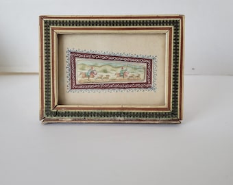 Antique Miniature Painting Inlaid Khatam Marquetry Mosaic Wood Frame Camel Bone