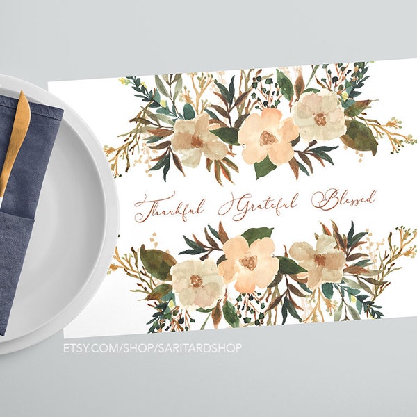 Thankful, Grateful, Blessed - Individuales de papel con flores de otoño imprimibles