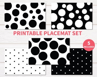 Printable Paper Placemat Set of 5, Black dots, Paper Placemats. Polka Dots.