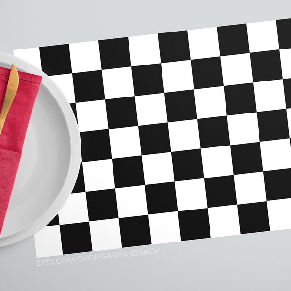 Printable Paper Placemat, Black and white Checker, squares, Paper Placemats. Race car party