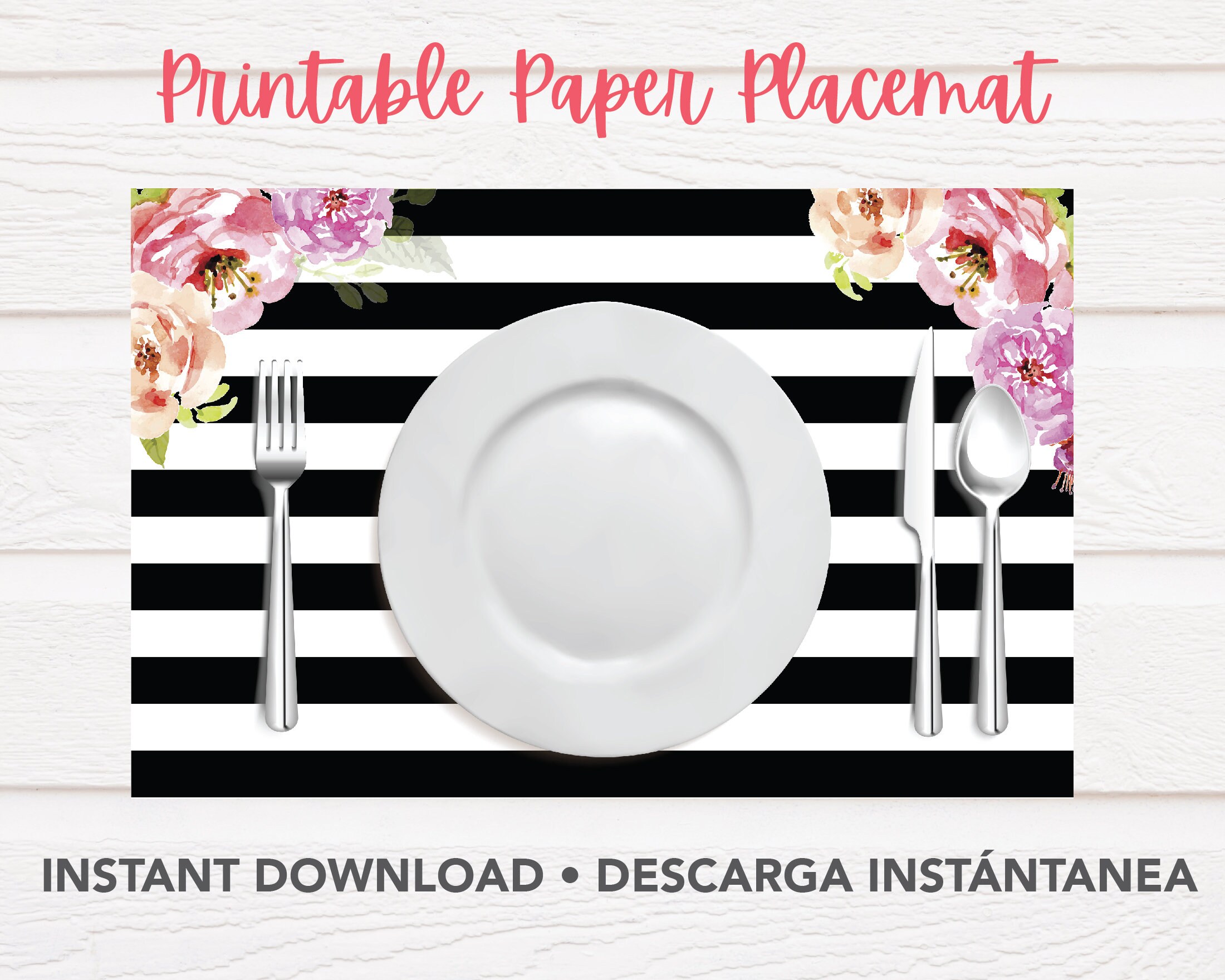 Printable Paper Placemat, Black Stripes Pink Flowers, Floral Paper Placemats, Vintage Placemats, Elegant Placemats, Floral Place Mats