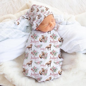 Horse Swaddle Blanket, Horse Blanket, Horse Nursery, Baby Shower Gift, Personalized Name Blanket, Swaddle Set, Horse Swaddle Blanket