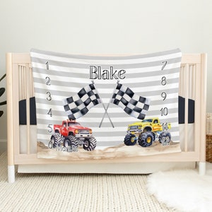 Monster Truck Meilensteindecke – Monster Truck Decke – Monster Truck Kinderzimmer – Babyparty-Geschenk – personalisierte Namensdecke