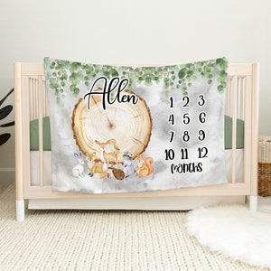 Woodland Animal Milestone Deken - Eucalyptus Woodland Deken - Woodland Animal Nursery - Baby Boy Woodland Animals Milestone Deken