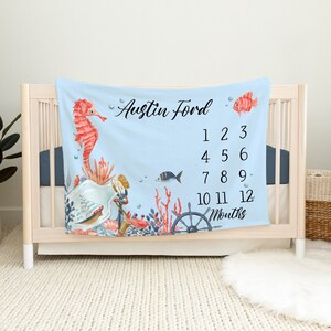 Nautical Sea Life Milestone Blanket - Nautical Crib Bedding - Ocean Nursery Theme - Newborn Coming Home Blanket - Nautical Crib Bedding