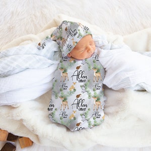 Woodland Swaddle Decke - Eukalyptus Woodland Swaddle - Waldtierkindergarten - Babypartygeschenk - Personalisierte Namensdecke
