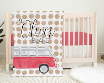 Hippie Van Custom Name Blanket - Groovy Blanket - Hippie Nursery - Baby Shower Gift - Personalized Name Blanket - Surfboard Blanket